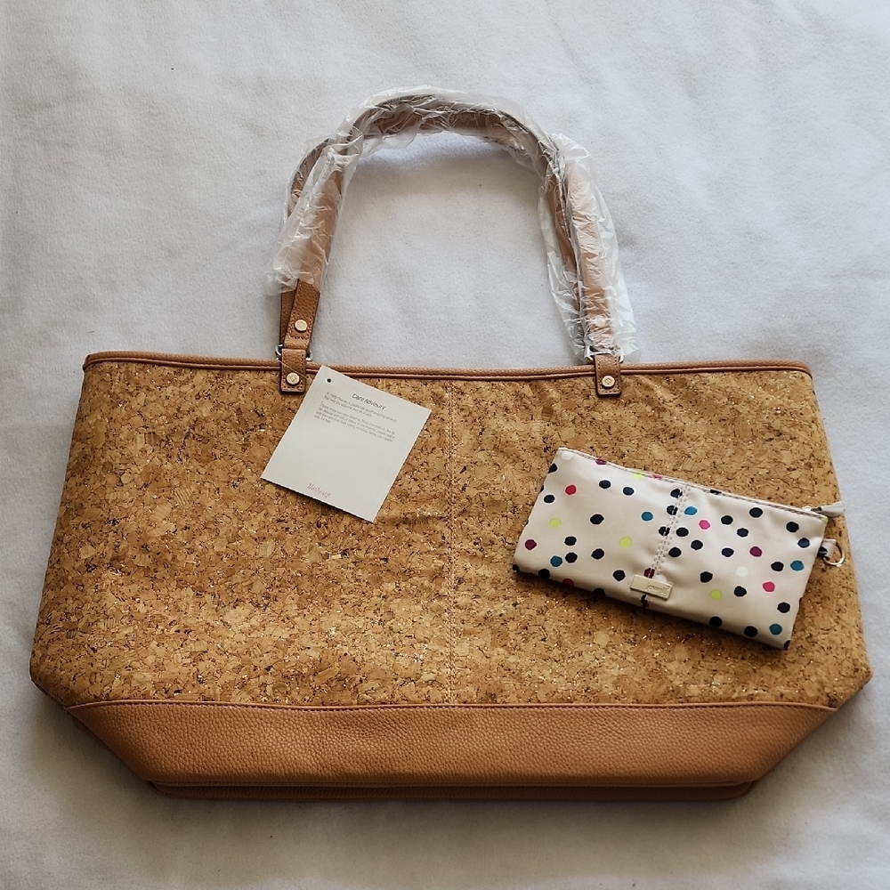 Cork and Tan Tote Bag with Polka Dot Pouch
